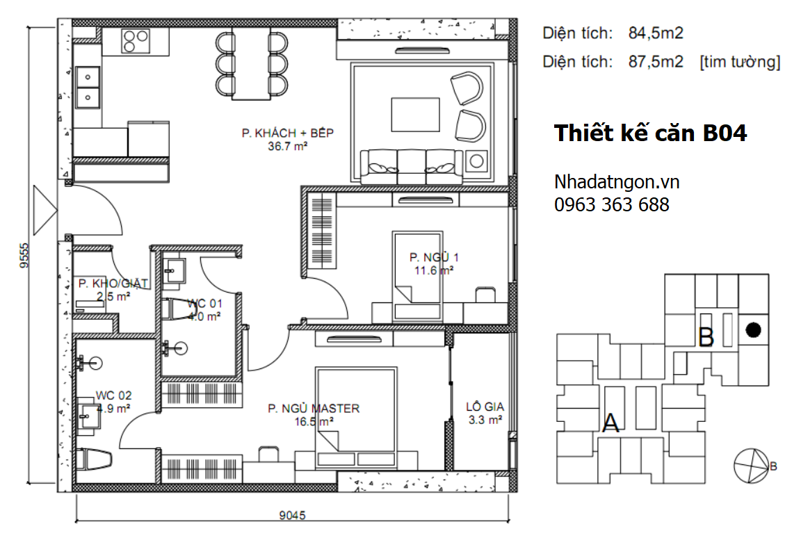 căn 2 phòng ngủ 85m2 B04 chung cư Bidresidence Tố Hữu